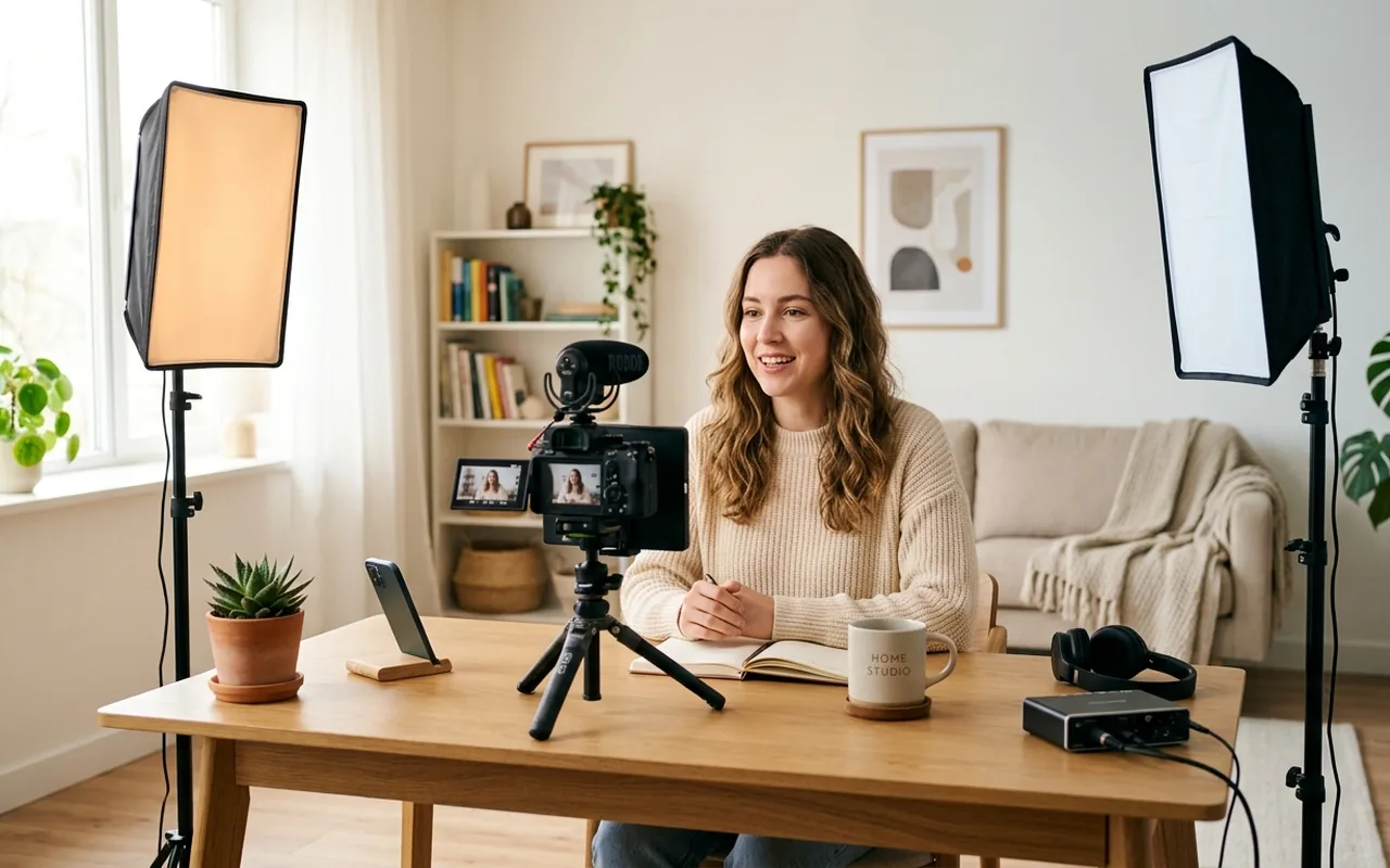 Studio d’éclairage à la maison : panneaux LED bi-couleur et softbox éclairant une personne qui filme