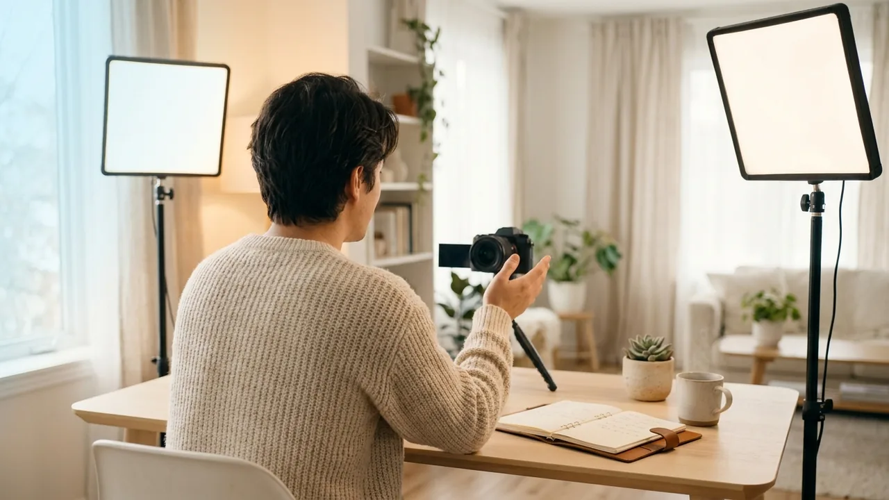 Une personne filme chez elle sous un bel éclairage doux